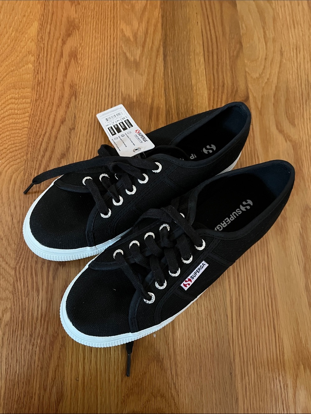 Superga Black Canvas Low-Top Sneakers with White Sole platform